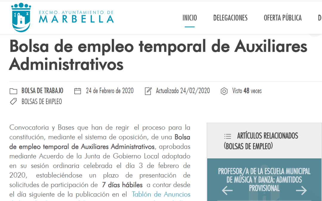 Abierta convocatoria de Auxiliares Administrativos Marbella (Bolsa empleo)