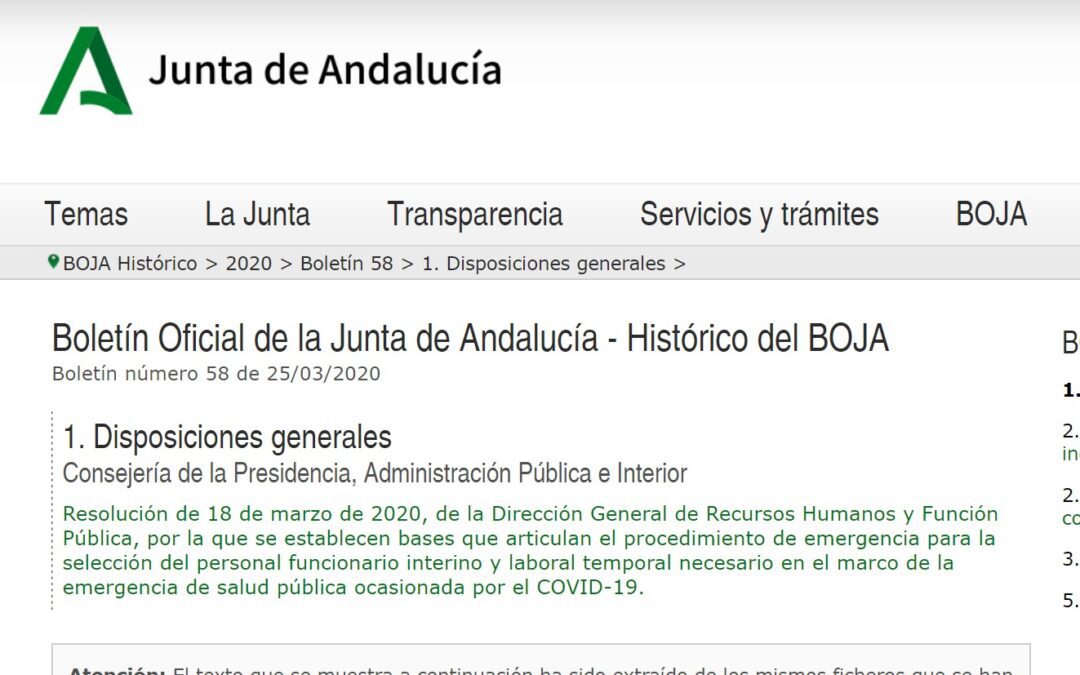 Selección del personal funcionario interino y laboral temporal urgente para Junta de Andalucía