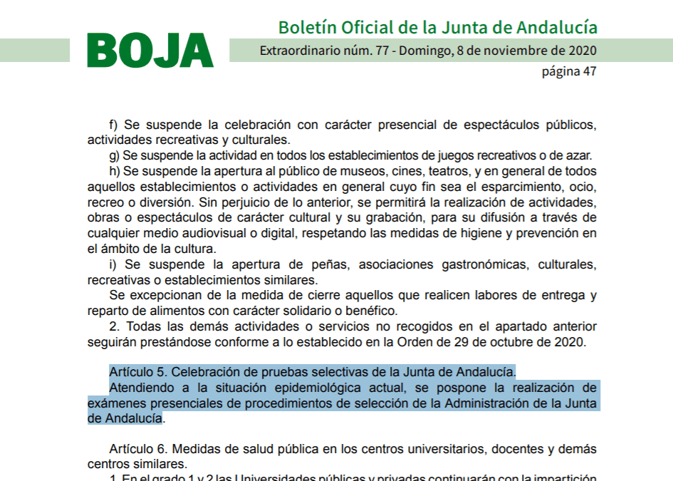 Pospuestos los exámenes de oposiciones Junta Andalucía