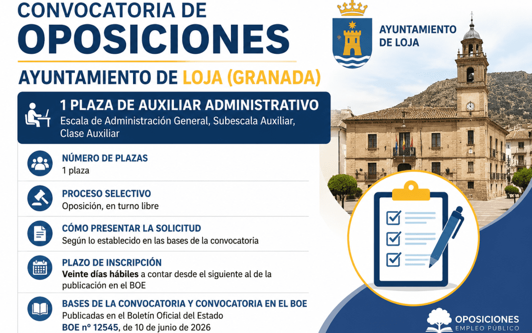 El Ayuntamiento de Loja convoca una plaza de Auxiliar Administrativo por oposición libre