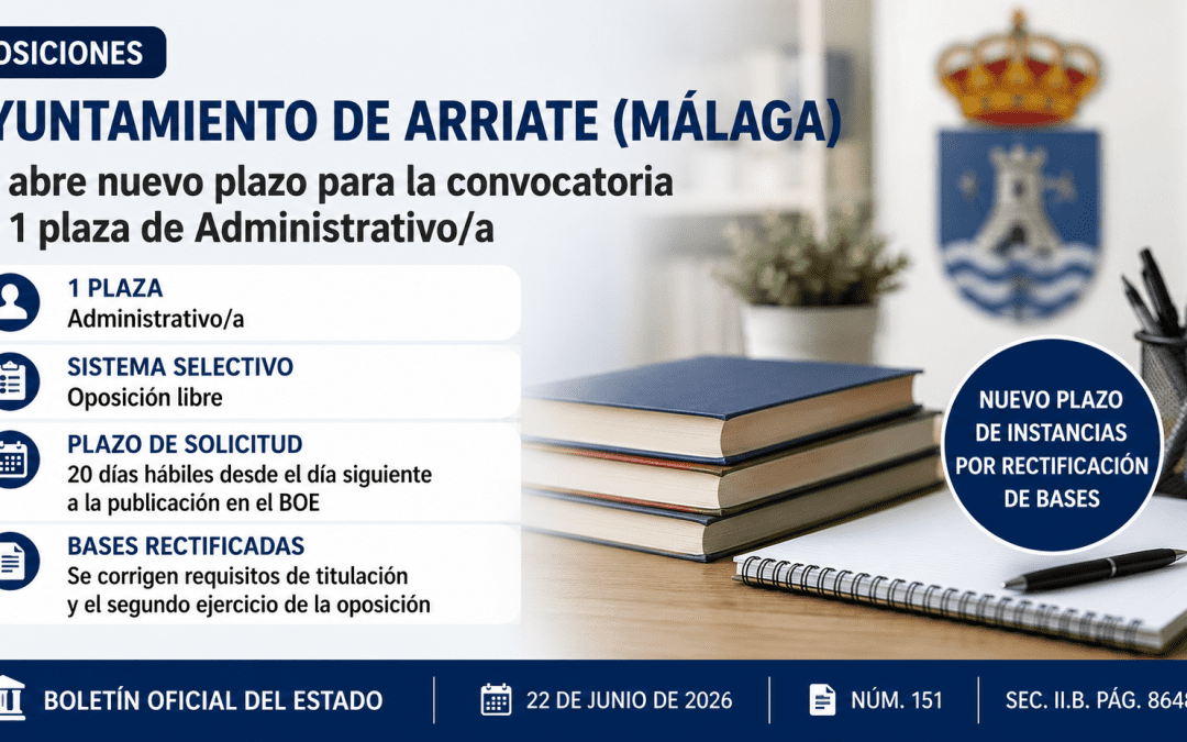 Se reabre el plazo de oposiciones para 1 plaza de Administrativo/a en Arriate (Málaga)