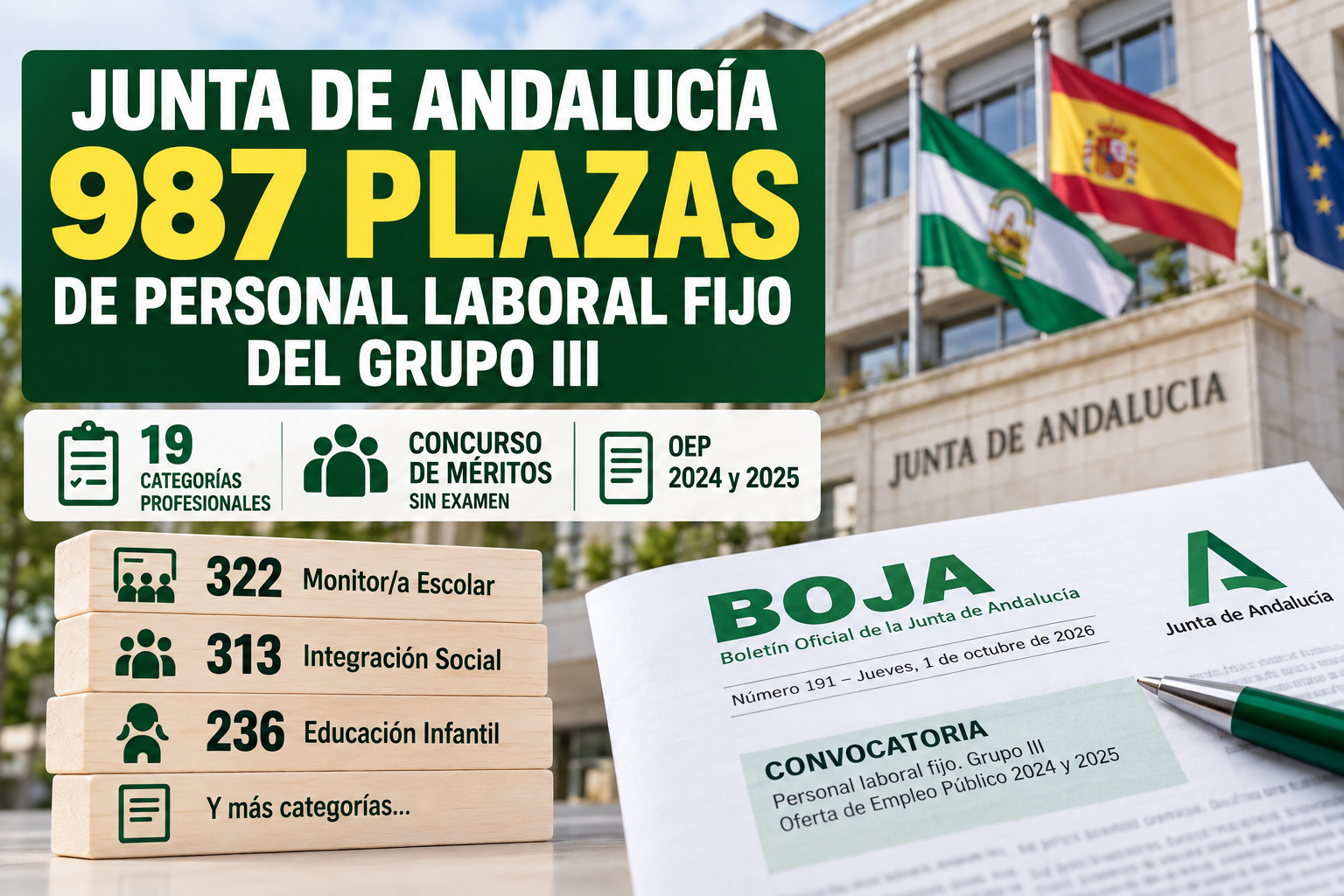 Convocatoria de empleo público para 987 plazas de personal laboral fijo del Grupo III de la Junta de Andalucía