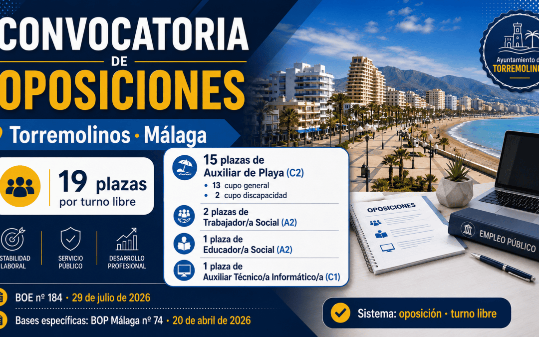 Convocatoria de oposiciones para 19 plazas de Trabajo Social, Educación Social, Auxiliar de Playa y Auxiliar de Informática en Torremolinos