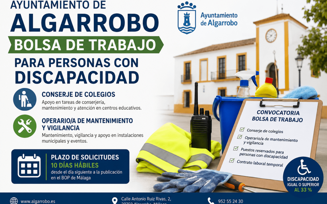 El Ayuntamiento de Algarrobo convoca una bolsa de trabajo para conserjes y operarios de mantenimiento reservada a personas con discapacidad