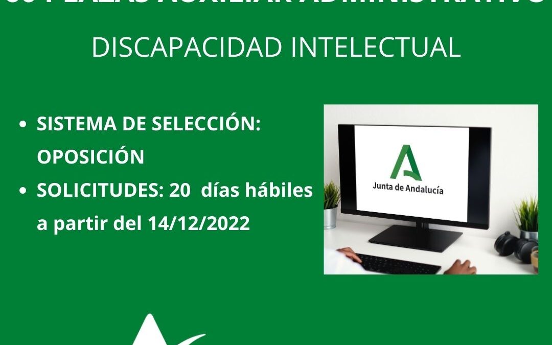 Convocadas 60 plazas de Auxiliar Administrativo (Discapacidad Intelectual) Junta de Andalucía.