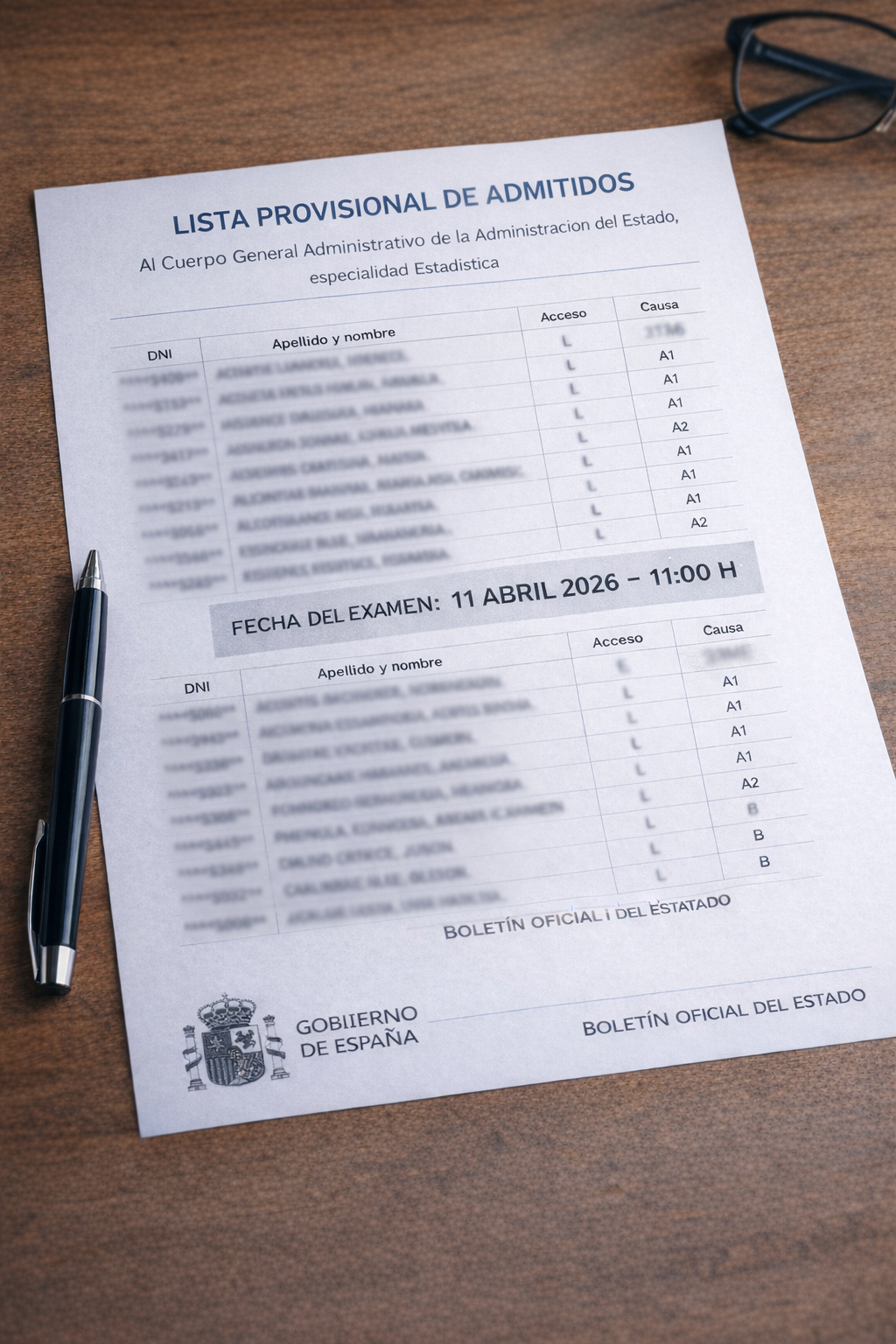 Listas de admitidos y excluidos y fecha de examen para Administrativo del Estado (Estadística)