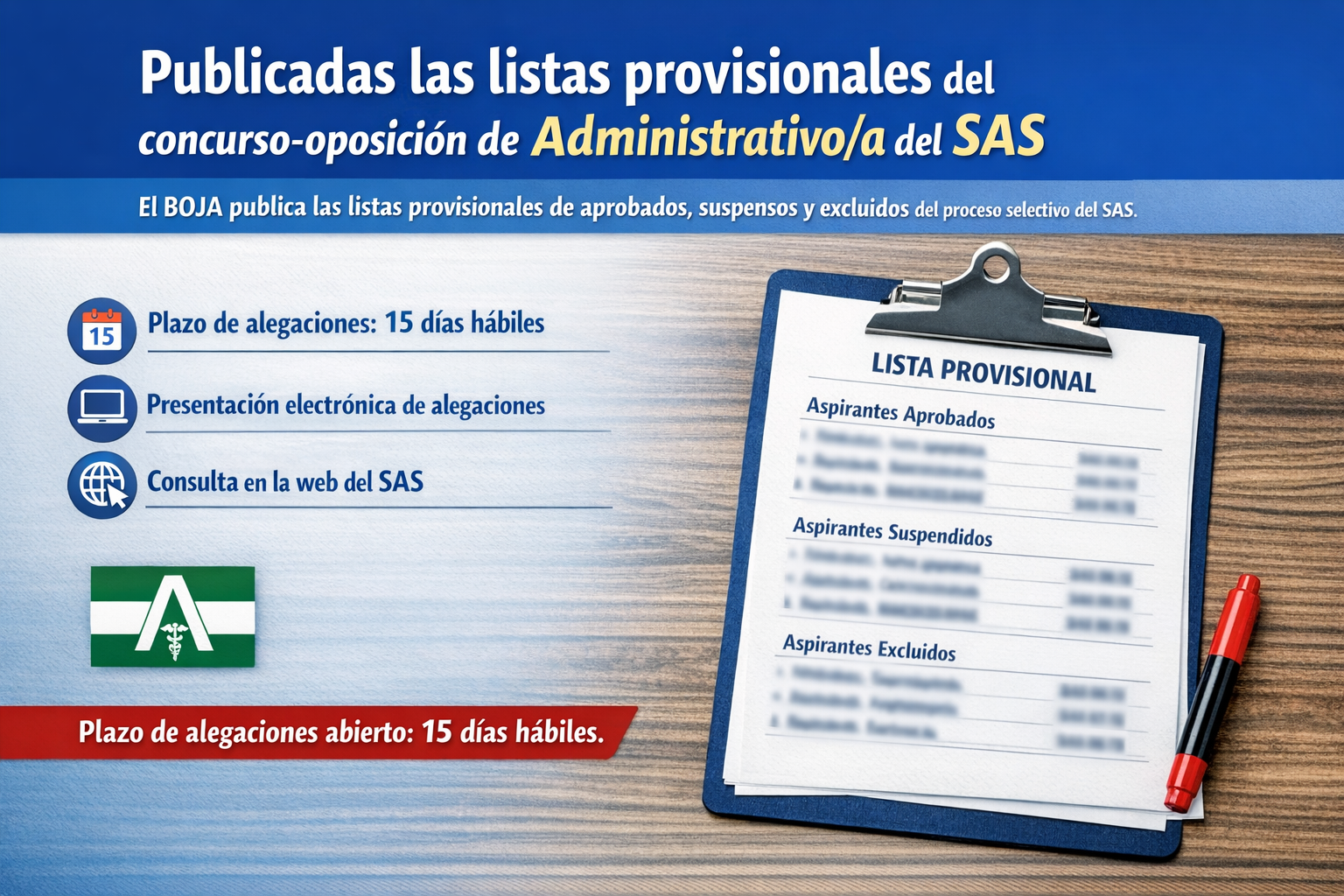 Listas provisionales Concurso-Oposición SAS Publicadas las listas provisionales de Administrativo del SAS 2026 en BOJA