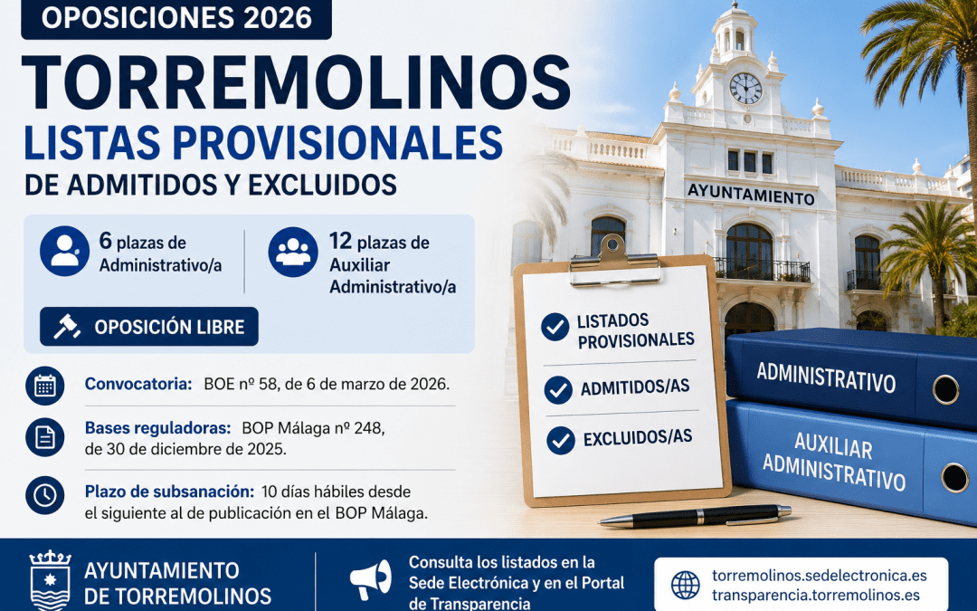 Listas provisionales de admitidos y excluidos para las oposiciones de Administrativo y Auxiliar Administrativo en Torremolinos