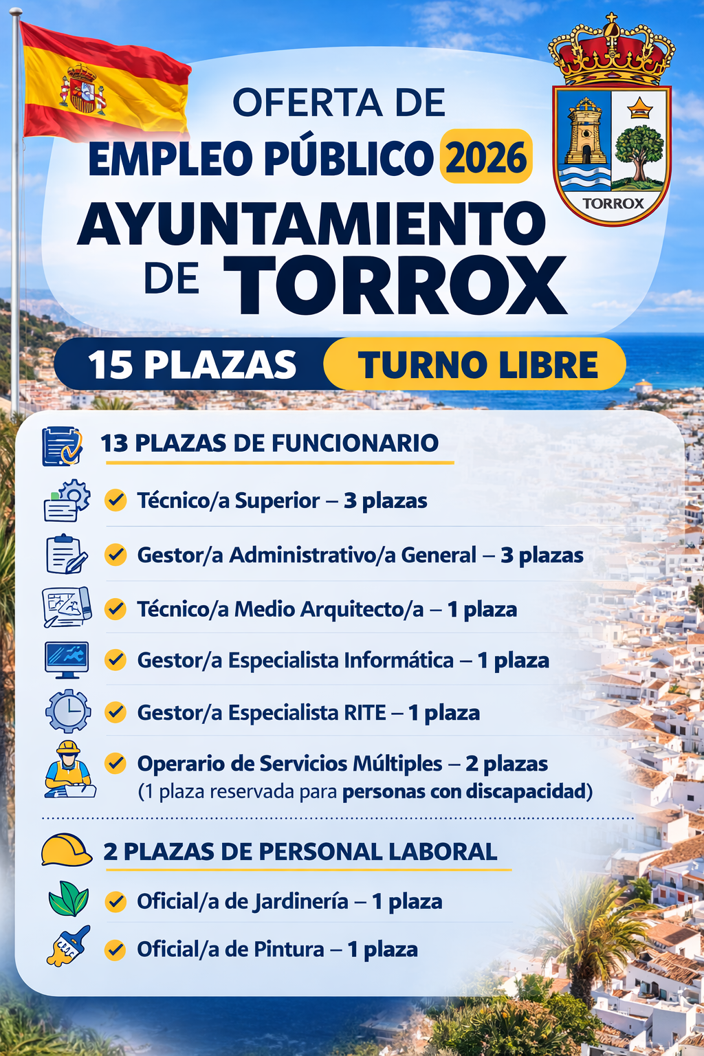 Oferta de Empleo Público 2026 del Ayuntamiento de Torrox con 21 plazas de empleo público