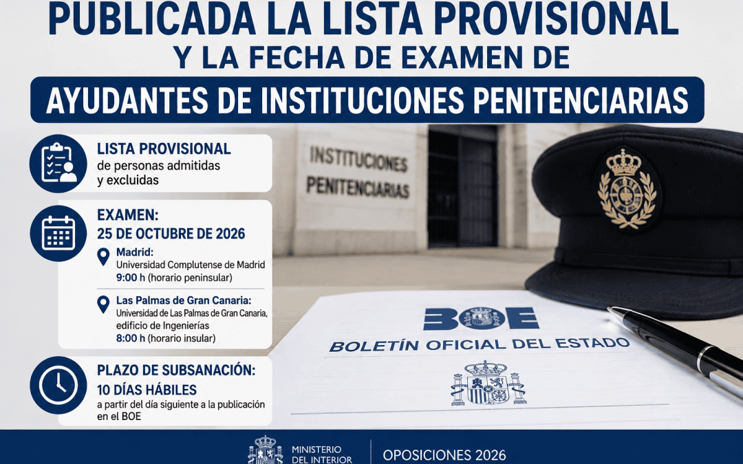 Publicada la lista provisional y la fecha de examen de Ayudantes de Instituciones Penitenciarias