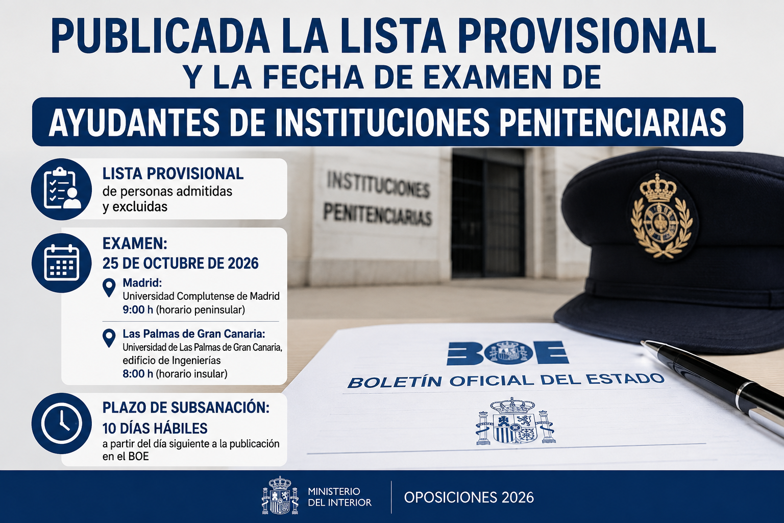 Publicada la lista provisional y la fecha de examen de Ayudantes de Instituciones Penitenciarias