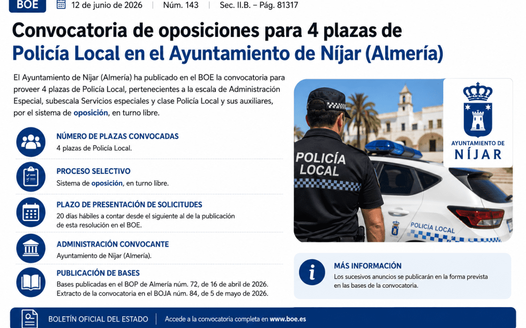 Convocatoria de oposiciones para 4 plazas de Policía Local en el Ayuntamiento de Níjar
